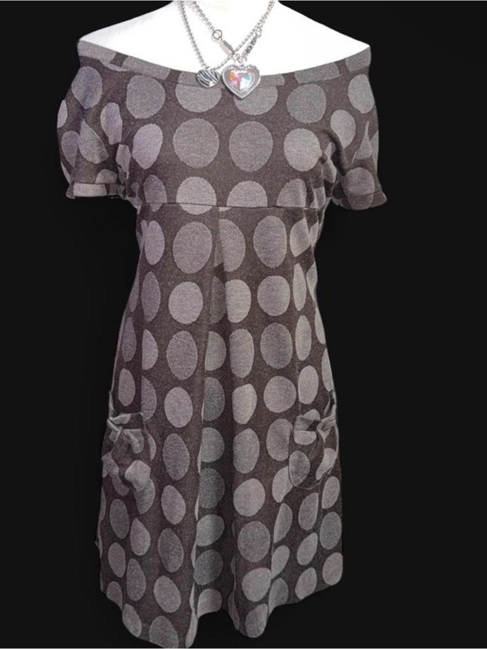 Enfocus Studio Brown and Gray Polka Dot Off-Shoulder Mini Dress